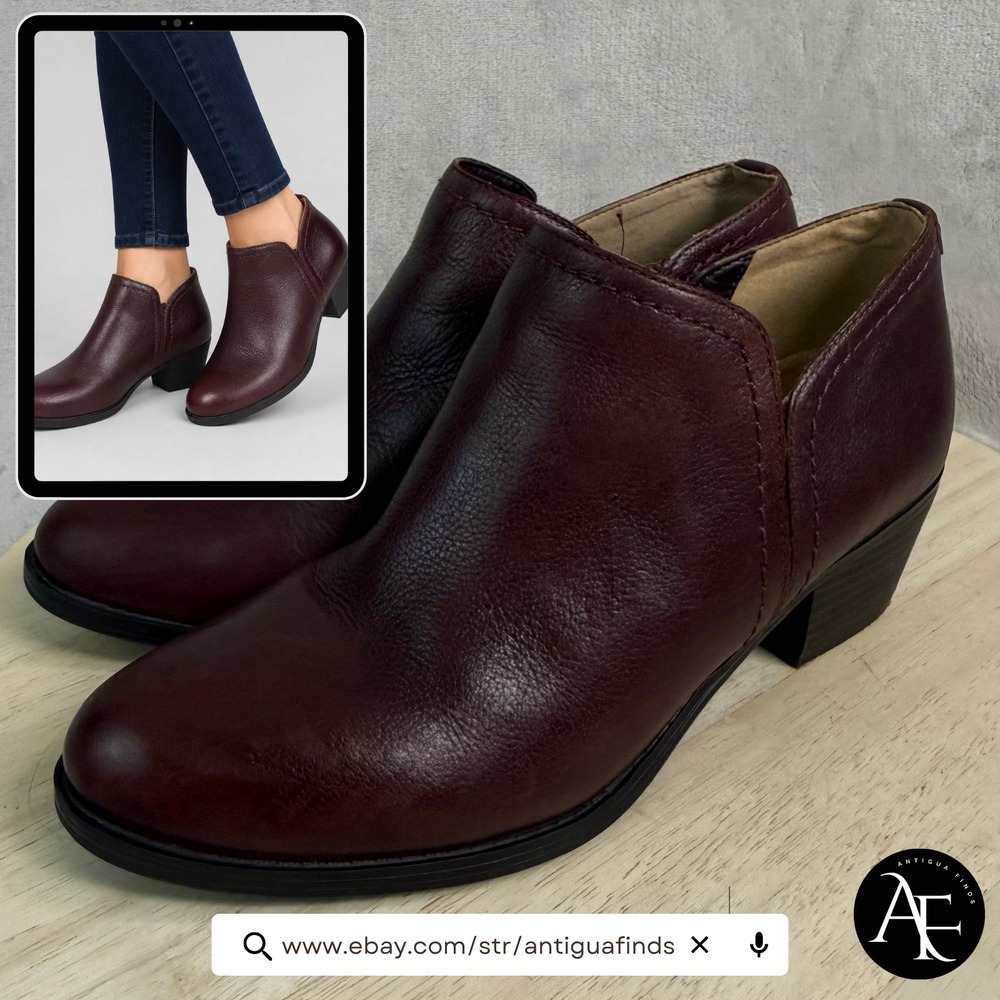 Naturalizer Zarie Burgundy Leather Ankle Boots Block Heel Side‎ Zip Womens 8.5